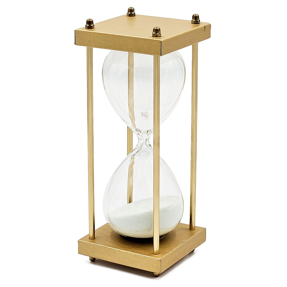 10" Papin Natural 30 Minute Hourglass, Framed With An Metal Stand, Gold&White Gold,White Pu Leather,Wood Metal Glass