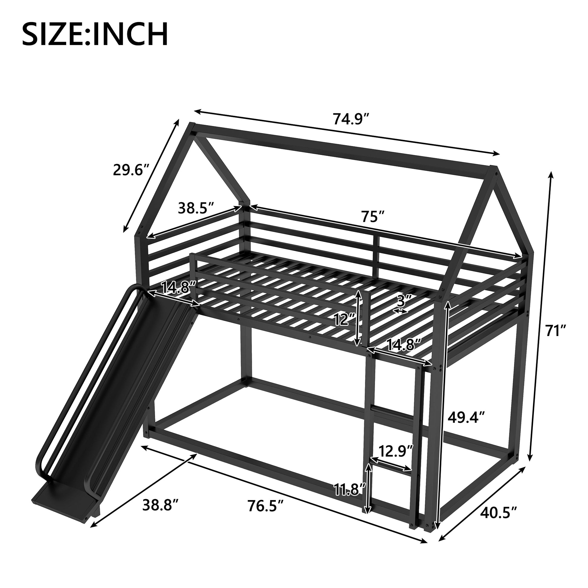 Twin Over Twin House Bunk Bed With Ladder And Slide,Black Twin Black Metal