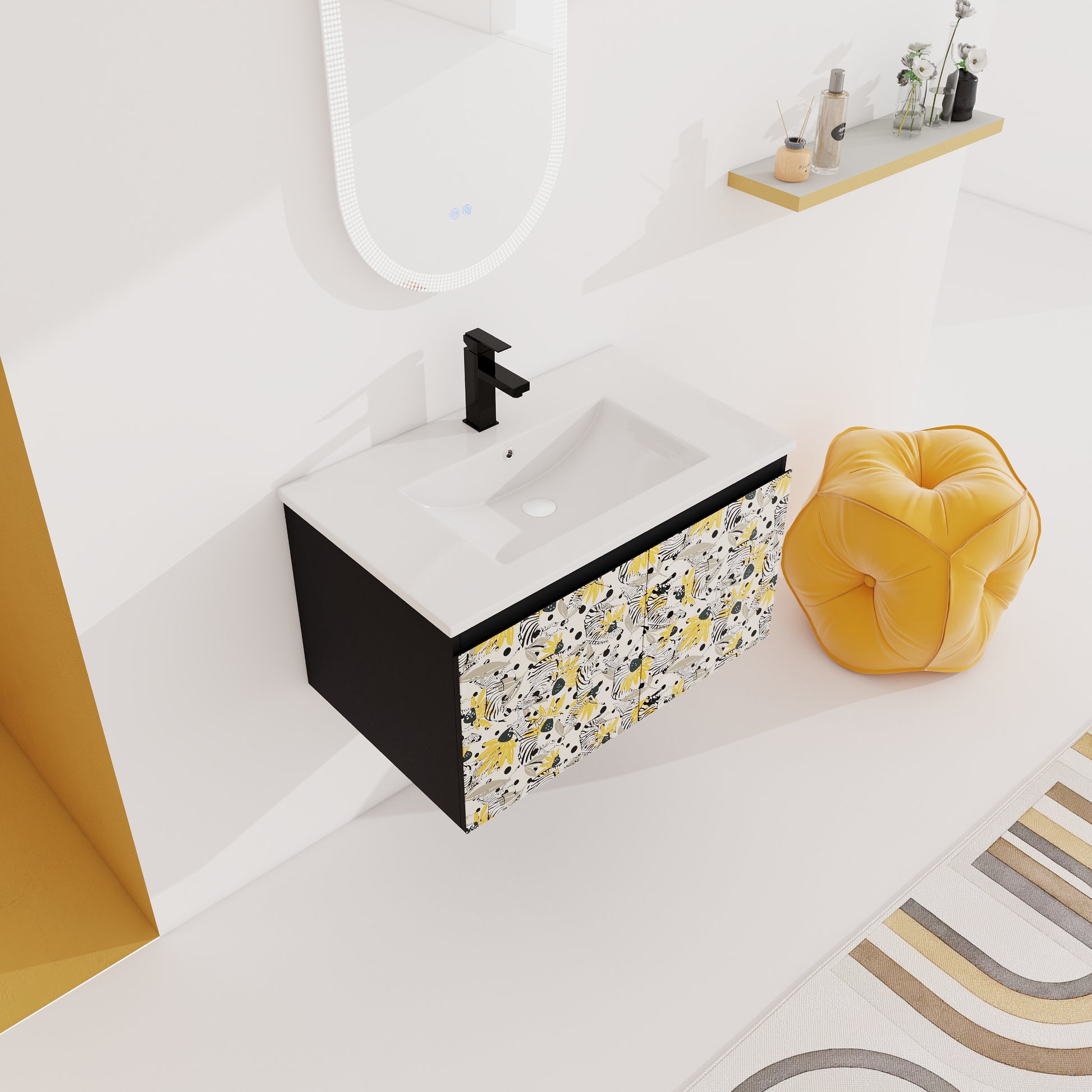30'' Floating Wall Mounted Bathroom Vanity With Ceramics Sink & Soft Close Cabinet Door, Kd Package Black Bathroom Modern Plywood