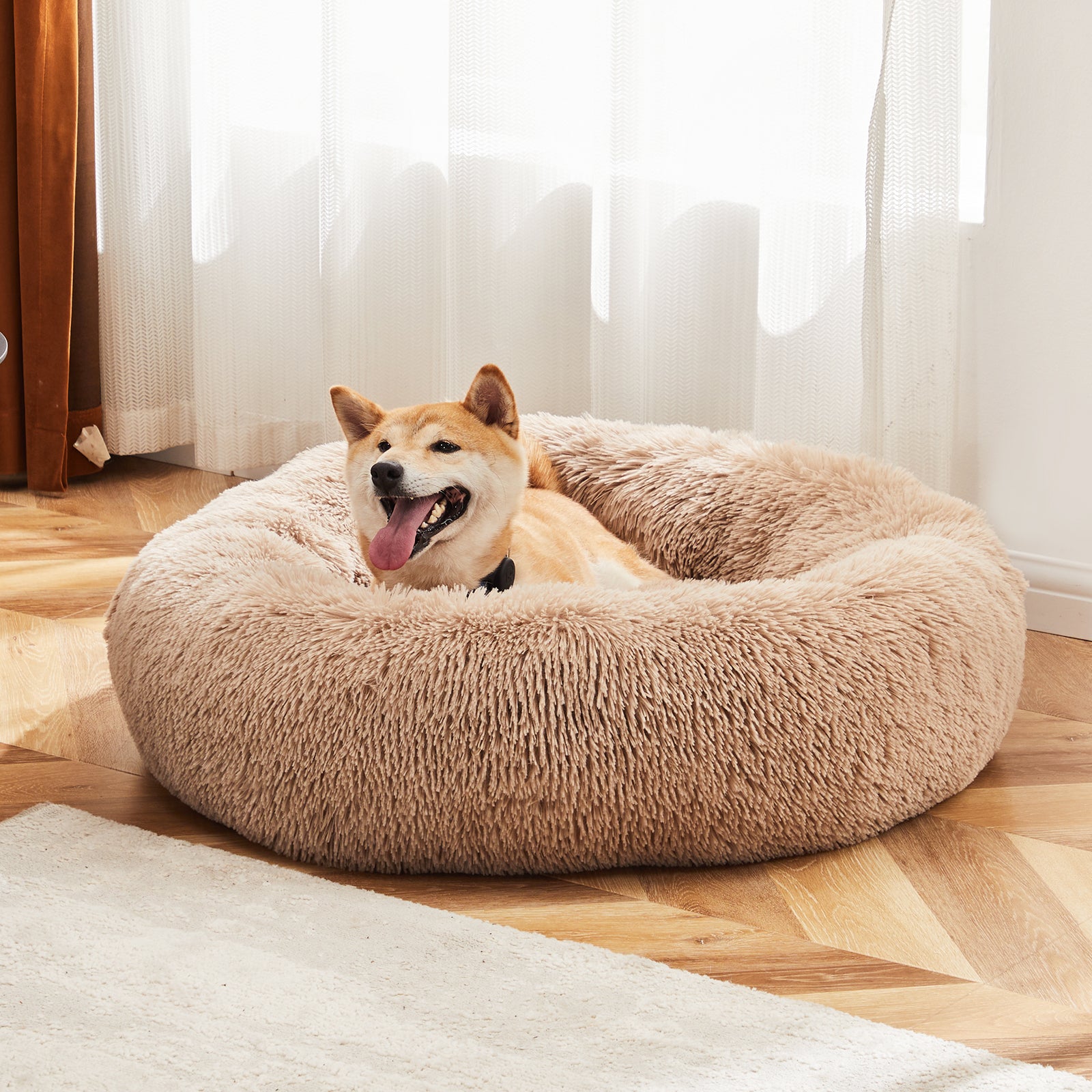 Anti Slip Round Fluffy Plush Faux Fur Cat Bed, Large Brown Brown Fabric