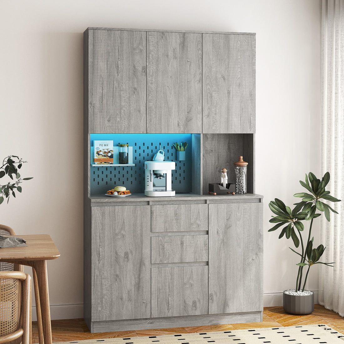 74" Kitchen Pantry Cabinet With Charging Station,Freestanding Buffet Cupboards Sideboard With Drawer,With Led Lights,Modern Pantry Cabinet With Microwave Stand For Kitchen,Living Room,Dinning Room