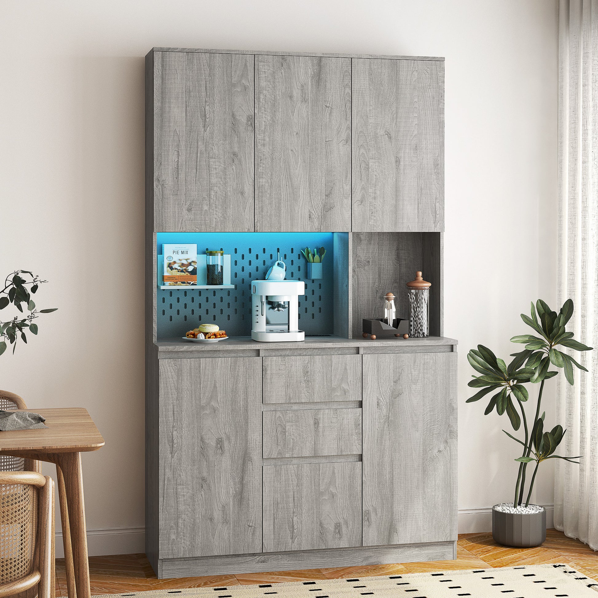 74" Kitchen Pantry Cabinet With Charging Station,Freestanding Buffet Cupboards Sideboard With Drawer,With Led Lights,Modern Pantry Cabinet With Microwave Stand For Kitchen,Living Room,Dinning Room