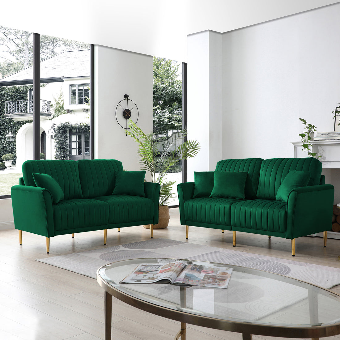 Green Velvet Couch And Sofa Set For Living Room, 2 Piece Modern 2 Seat Sofas Setfurniture Sofa Set With Removable Cushions,Free Throw Pillow. Green Foam Velvet 4 Seat