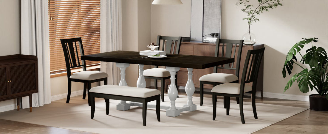 Traditional 6 Piece 78Inch Trestle Extendable Dining Table Set With One 18Inch Removable Leaf, Padded Dining Chairs And Bench,Distressed White Brown Wood Dining Room Solid Wood Rubberwood Rectangular Dining Table With Chair And Bench Upholstered Chair