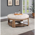 Wire Brushed Finish Natural Tone Beige 1Pc Ottoman Transitional Style Deep Button Linen Like Tufted Seat Open Bottom Shelf Living Room Beige Natural Linen Primary Living Space Beige Contemporary,Rustic,Transitional Rubberwood Round Tufted Solid Wood