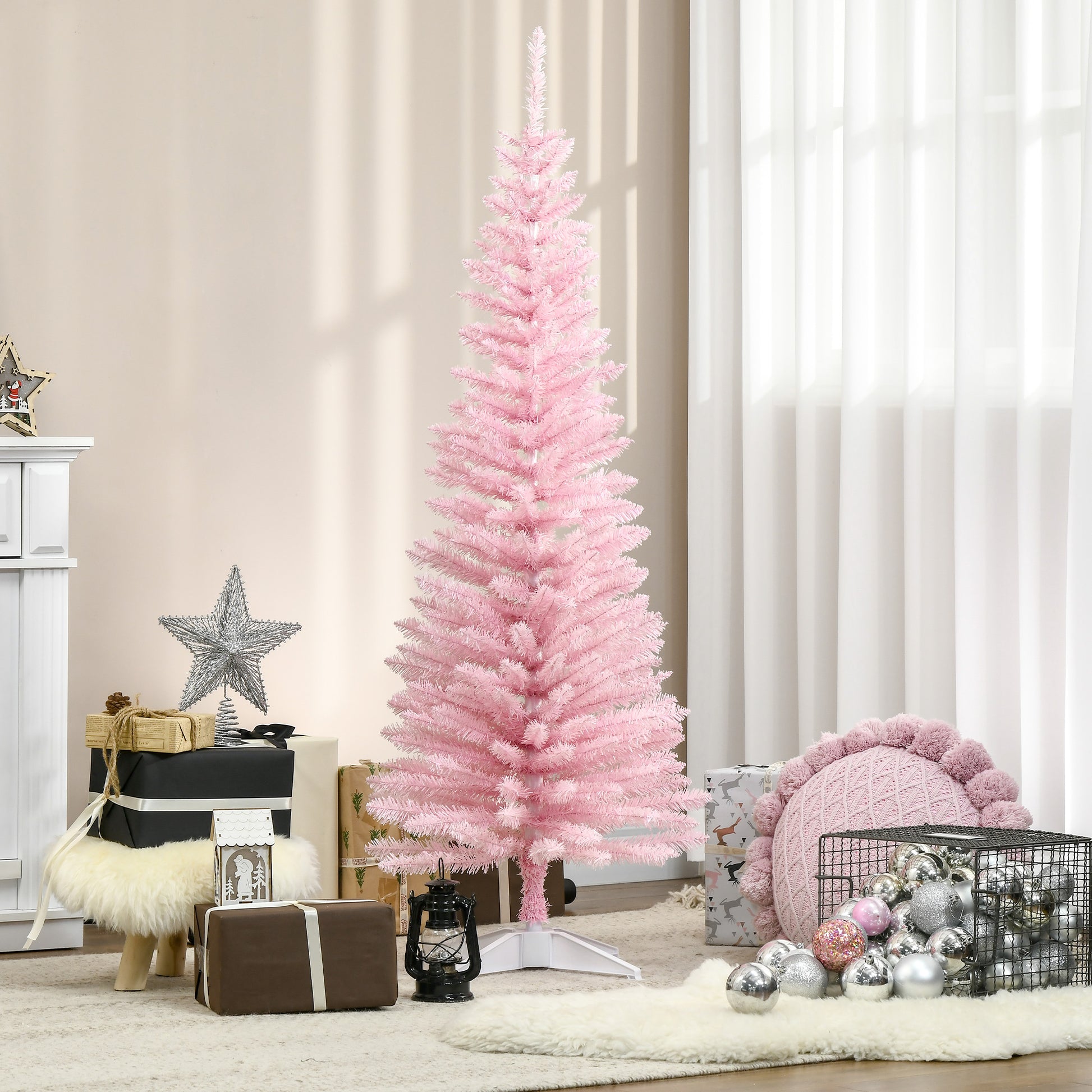 Homcom 5' Artificial Pencil Christmas Tree, Slim Xmas Tree With 294 Realistic Branch Tips And Plastic Stand, Pink Pink Plastic