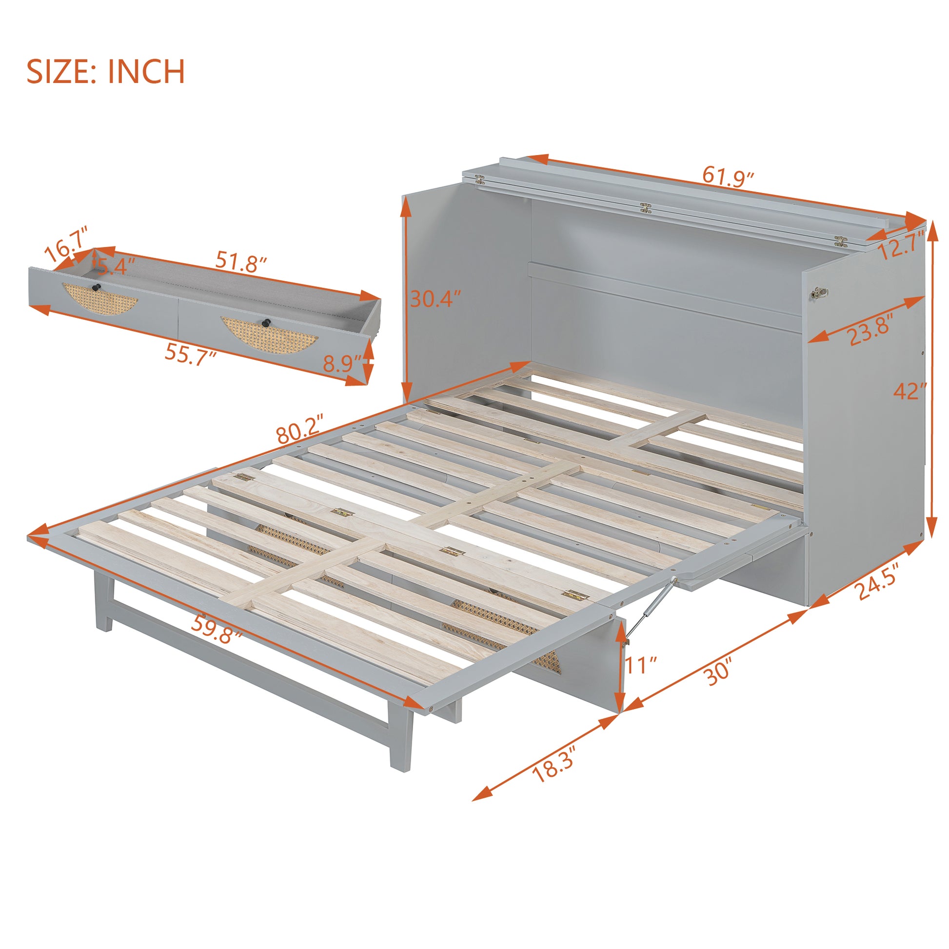 Queen Size Murphy Bed With Large Drawer,Usb Ports And Outlets,Gray Queen Gray Plywood