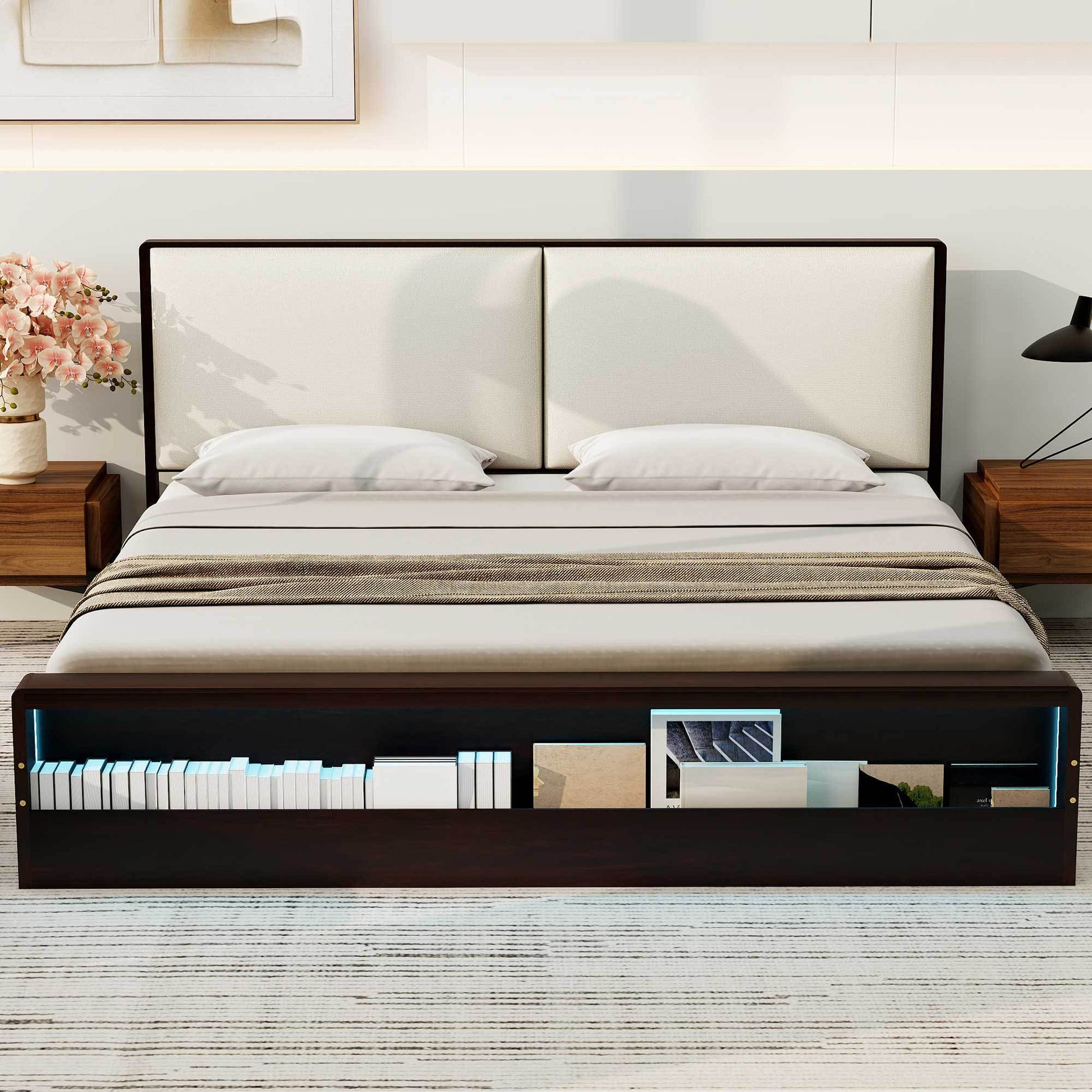 King Size Platform Bed Frame With Upholstery Headboard And Bookshelf In Footboard And Led Light Strips, Espresso King Espresso Solid Wood Mdf