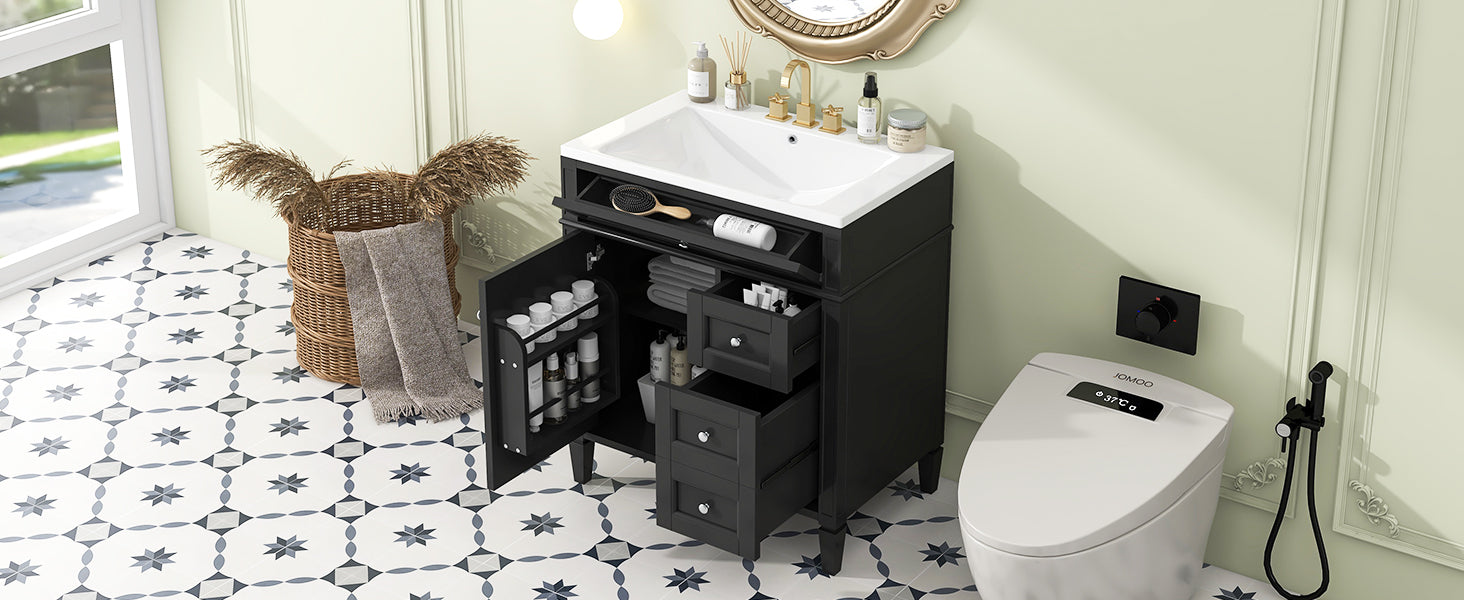 30'' Bathroom Vanity With Top Sink, Modern Bathroom Storage Cabinet With 2 Drawers And A Tip Out Drawer, Single Sink Bathroom Vanity Black Bathroom Solid Wood Mdf