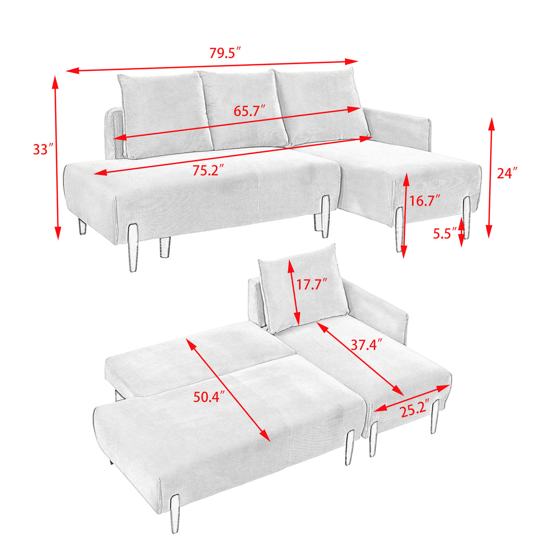 79.50 Inches Long, Velvet Sofa Fabric, With Three Matching Pillows And Spacious And Comfortable Seats, For Apartment Office Living Room Beige Beige Corduroy 4 Seat