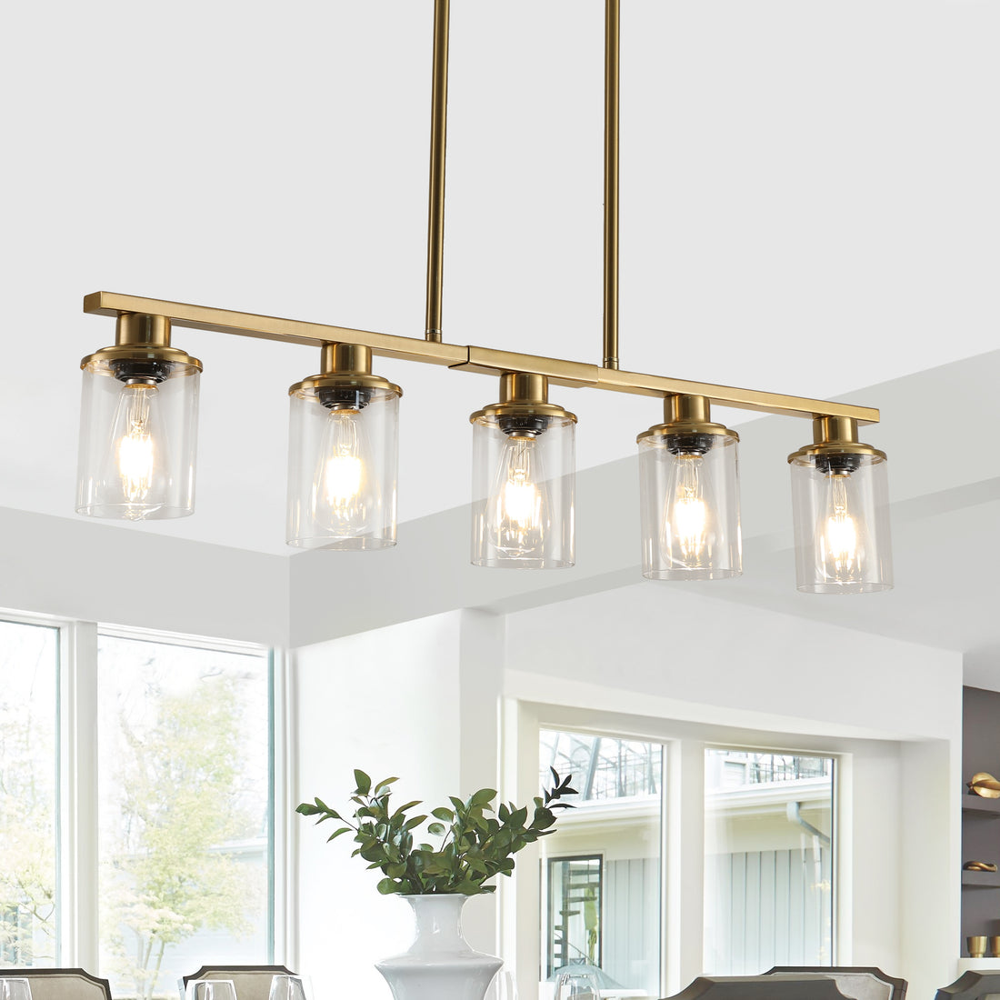 Modern Industrial 5 Light Chandelier With Clear Glass Shades, Golden Metal Frame Hanging Ceiling Light Fixture For Dining Room, Kitchen Island, Living Room No Bulbs Golden Glass,Iron