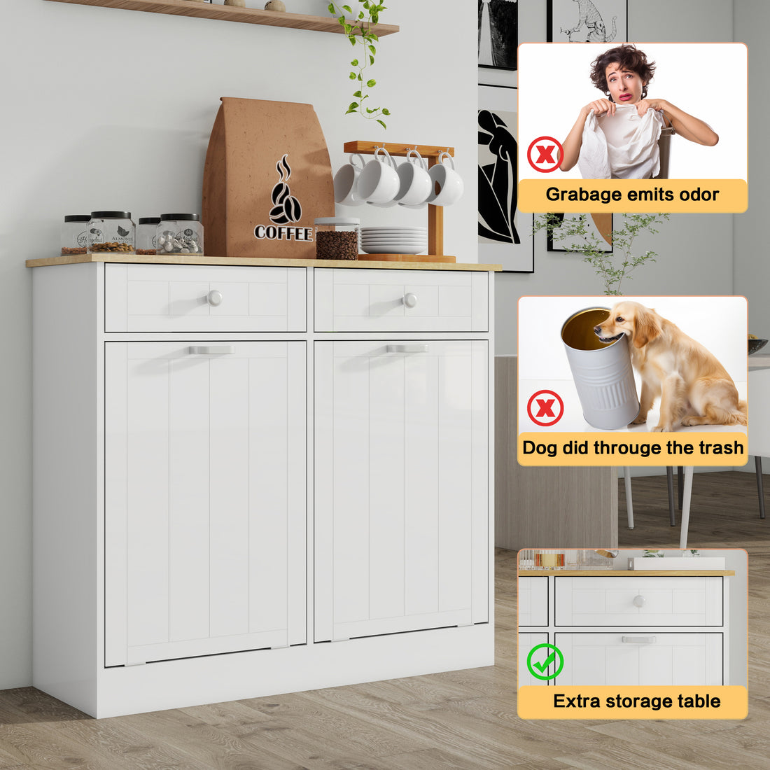 Two Compartment Tilt Out Trash Cabinet, Pet Proof Kitchen Trash Cabinet With Cutting Board, Free Standing Laundry Sorter Cabinet, Laundry Hamper, White White Light Oak Particle Board