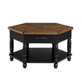 2 Tier Retro Hexagon Living Room Solid Wood Coffee Table With Shelf & Drawer, 36'' Mid Century Center Coffee Table For Living Room, Office. Black And Cherry Top Black Pine