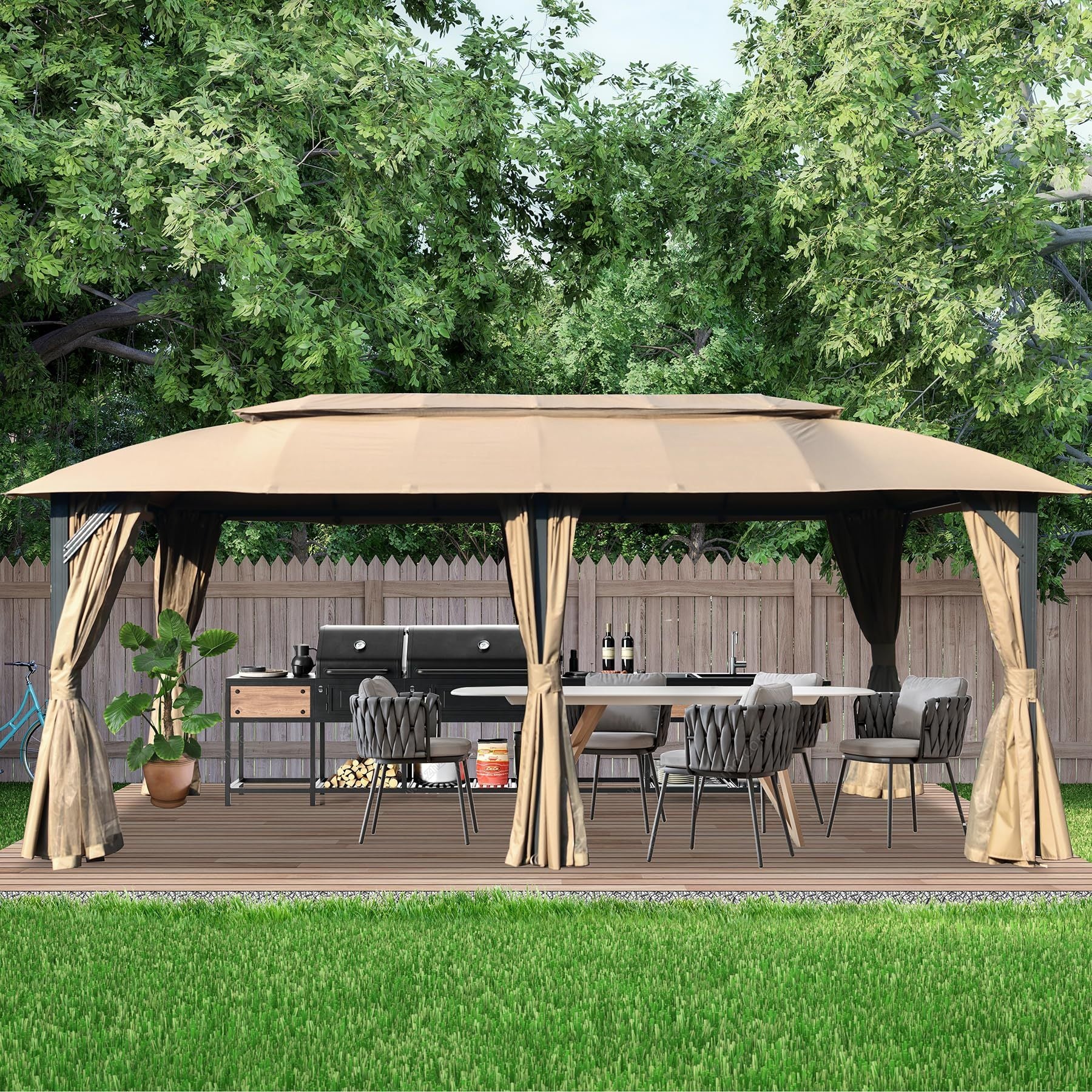 Gazebo 10X20Ft, Outdoor Gazebo With Double Roofs, Privacy Curtains, Mosquito Nettings, Heavy Duty Metal Frame Party Tent Canopy For Patio, Backyard, Deck, Lawn, Brown Brown Garden & Outdoor Steel