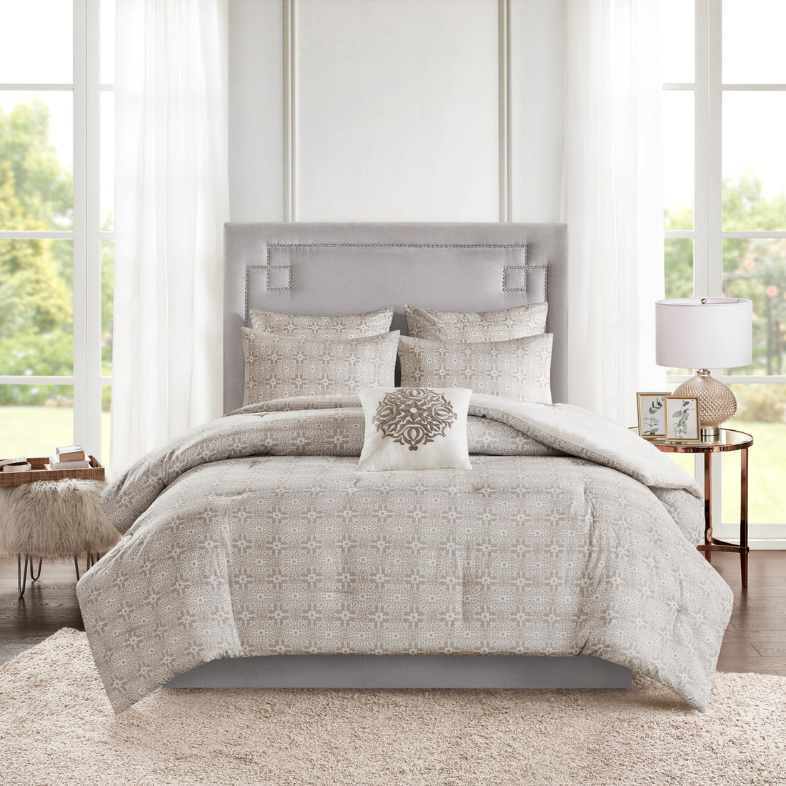 6 Piece Embroidered Cotton Reversible Comforter Set Ivory King Cal King King Ivory Polyester