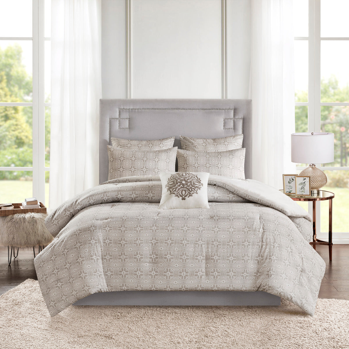 6 Piece Embroidered Cotton Reversible Comforter Set Ivory King Cal King King Ivory Polyester