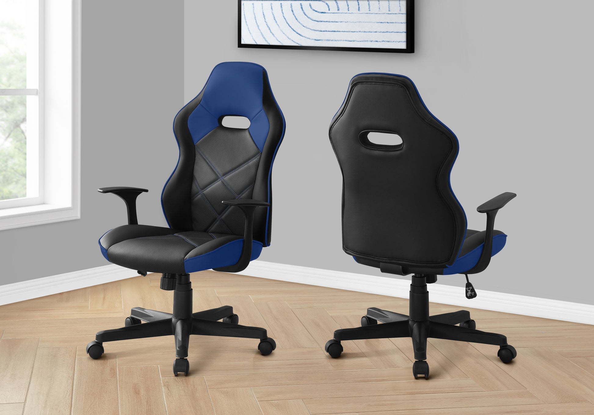 Office Chair, Gaming, Adjustable Height, Swivel, Ergonomic, Armrests, Computer Desk, Work, Black And Blue Leather Look, Black Metal, Contemporary, Modern Black Foam Polyurethane