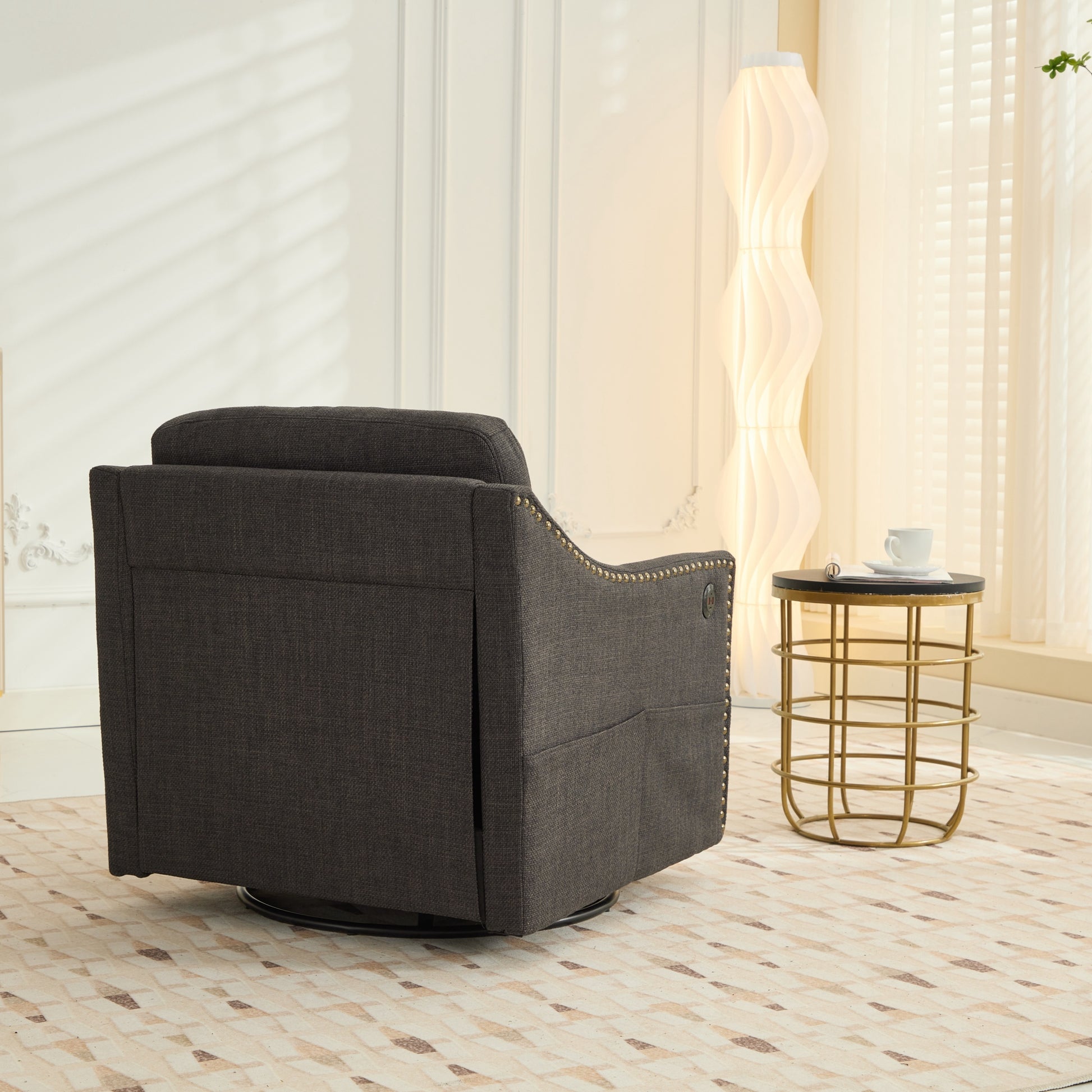 Dark Grey 360 Degree Swivel Rotating Accent Chair With Usb And Magazine Book For Living Room And Hotel Bed Room,Upholstered Accent Chair With Cooper Nail Dark Grey White Primary Living Space American Design,Classic,Modern Pine Foam Wood Fabric