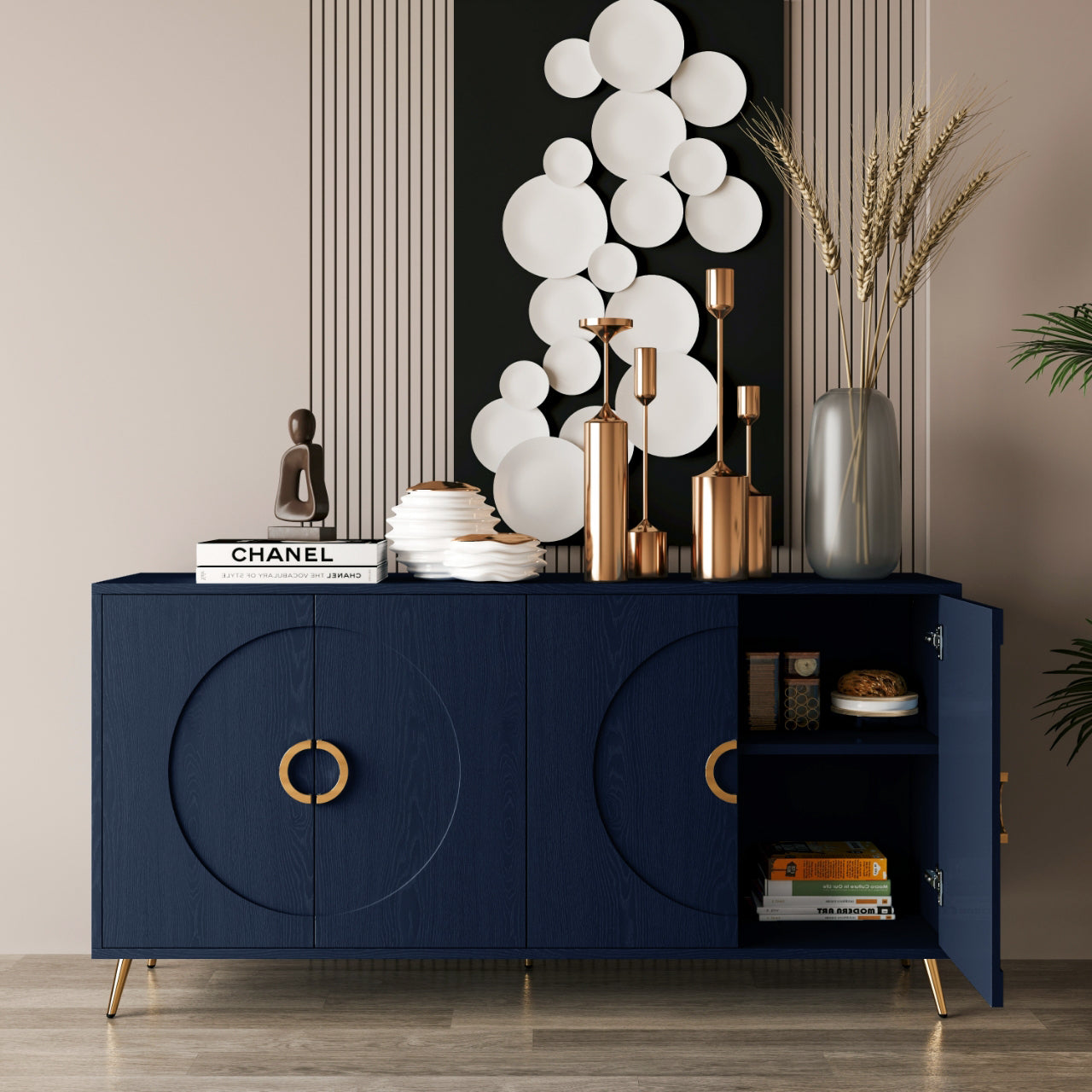 Modern Lacquered 4 Door Wooden Cabinet Sideboard Buffet Server Cabinet Storage Cabinet, For Living Room, Entryway, Hallway, Office, Kitchen And Dining Room, Navy Blue Lacquered Navy Blue Adjustable Shelves Engineered Wood