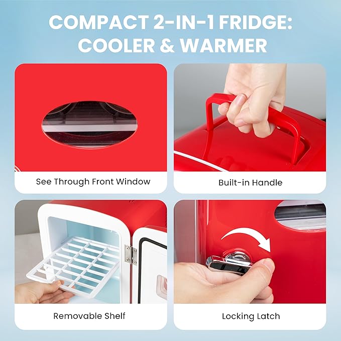 4L Portable Mini Fridge Warmer And Cooler Six 12Oz Cans Compact Refrigerator, 100% Freon Free & Eco Friendly, 4 L, Red Red Plastic