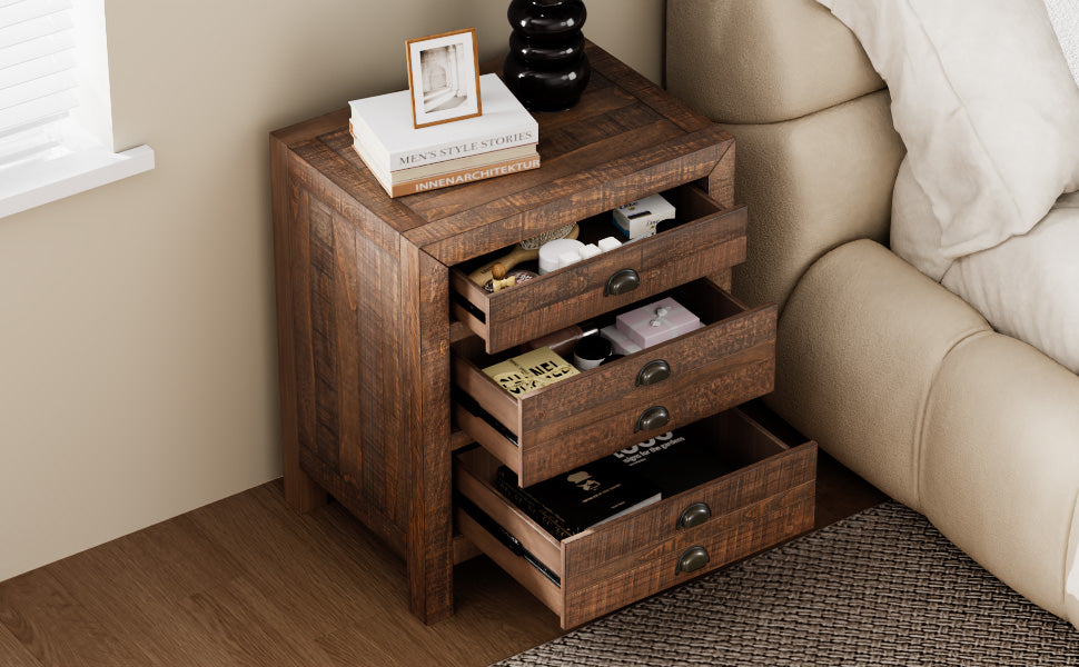 Rustic Farmhouse Style Three Drawer Solid Pine Wood Nightstand With Cup Pulls And Integrated Charge Station Brown 3 Drawers Bedroom Pine Pine,Plywood