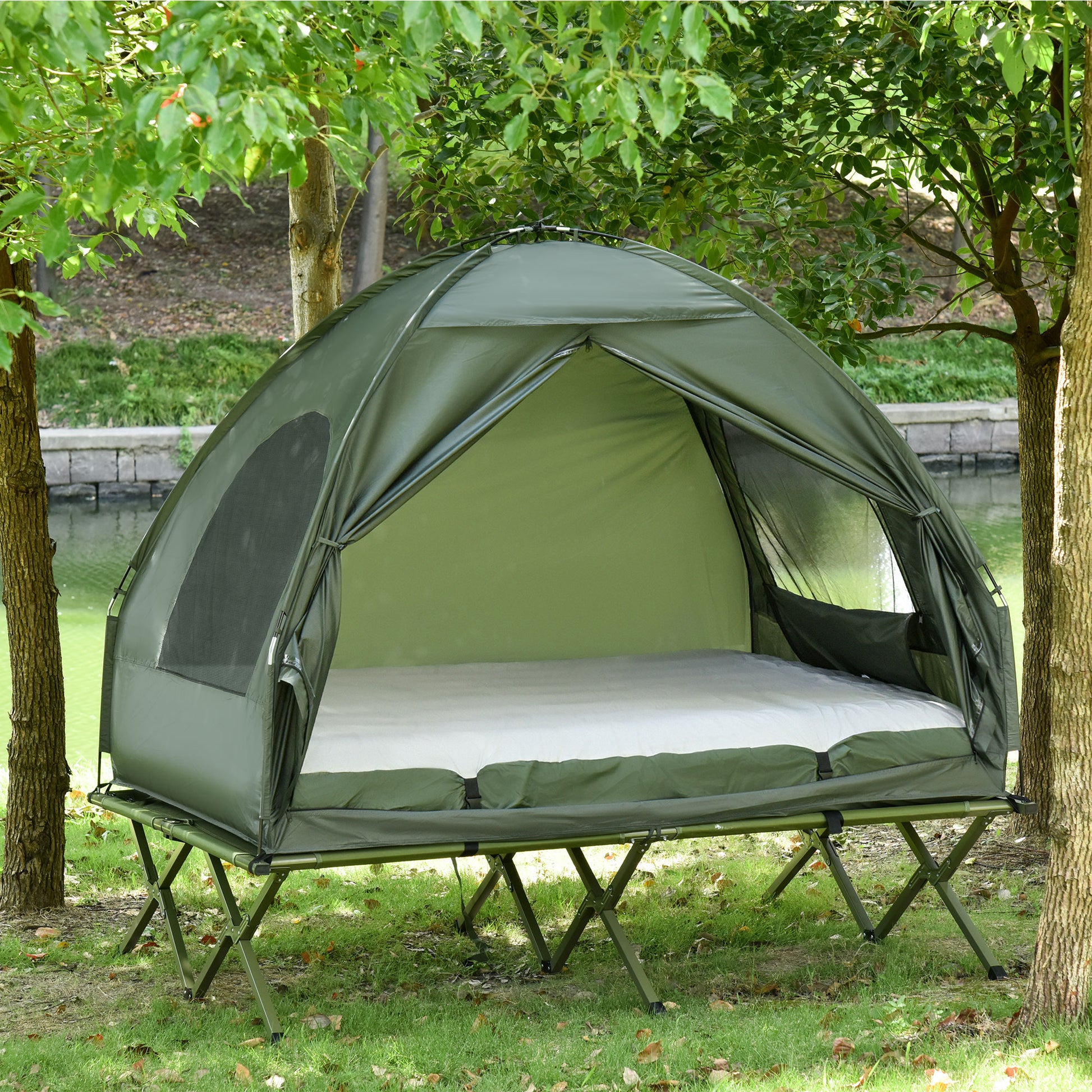 Outsunny 2 Person Foldable Camping Cot With Tent, Bedspread And Thick Air Mattress, 4 In 1 Elevated Camping Bed Tent For Outdoor Hiking, Picnic, Travel Dark Green Polyester