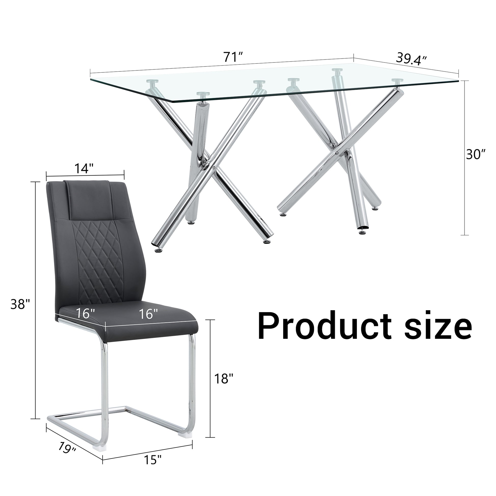 Table And Chair Set.Large Minimalist Rectangular Glass Dining Table For 6 8 With 0.39" Tempered Glass Tabletop And Silver Chrome Metal Legs.Paried With Comfortable Chairs With Pu Seats And Metal Legs. Silver Seats 6 Glass Metal