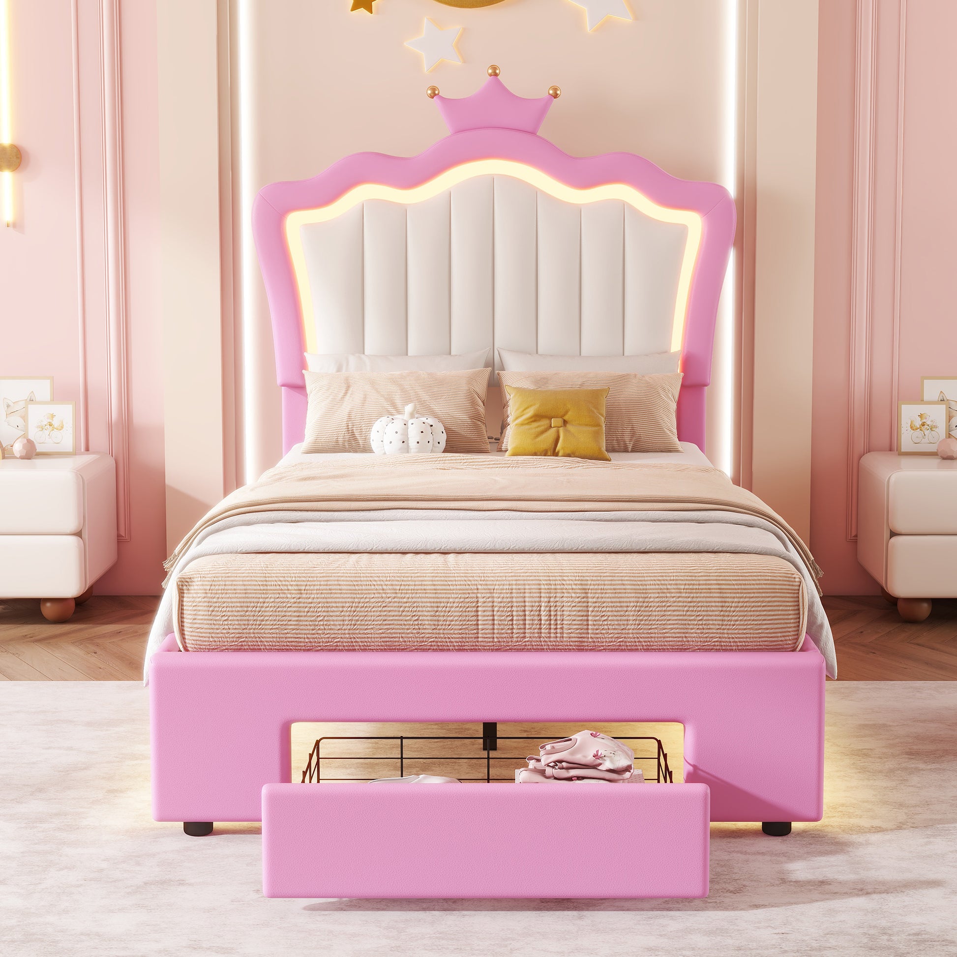 Twin Size Upholstered Bed Frame With Led Lights, Modern Upholstered Princess Bed With Crown Headboard, A Drawer, Pink White Box Spring Not Required Twin Pink White Wood Bedroom Modern Bed Frame Pu