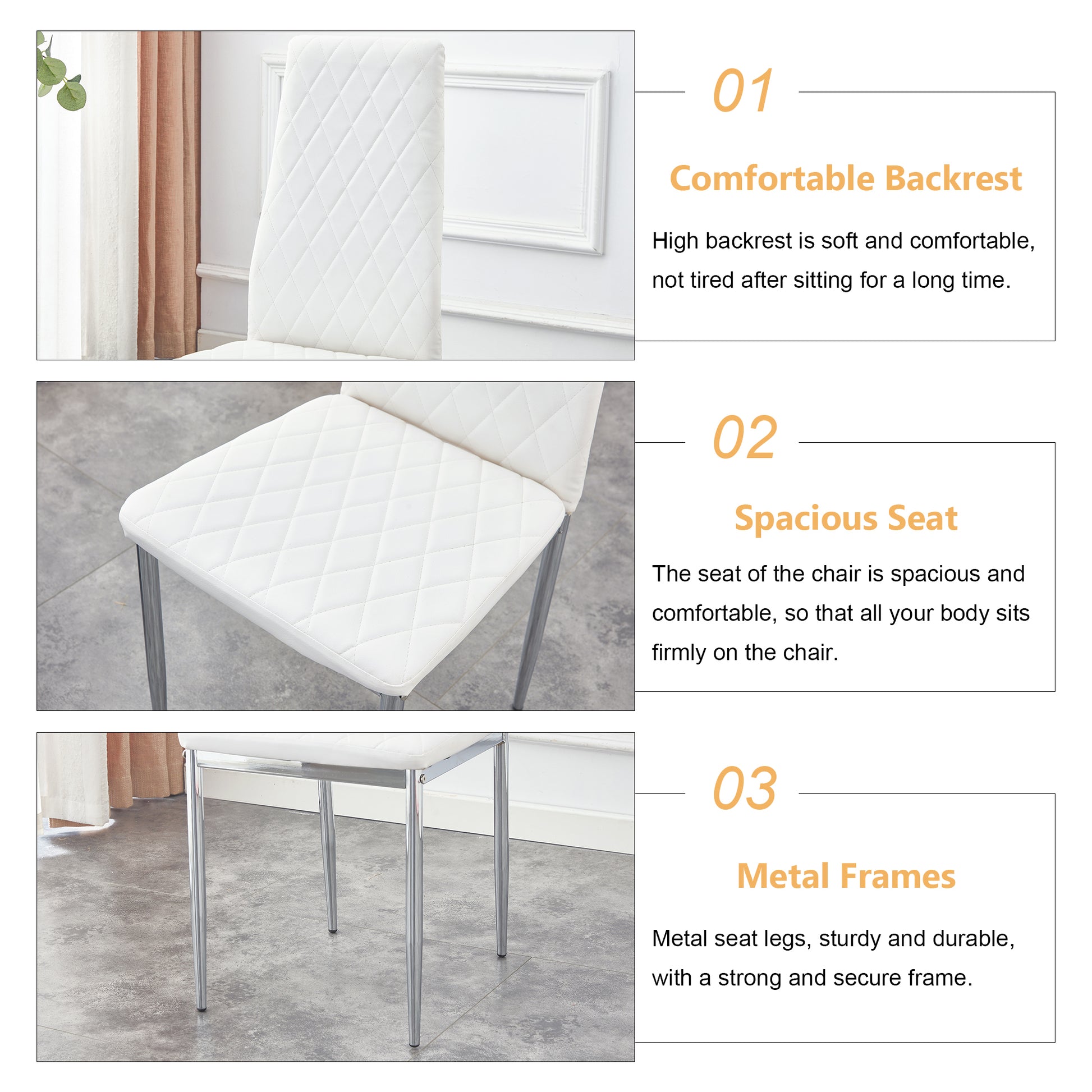 Table And Chair Set.Rectangular Dining Table With Tempered Glass Tabletop And Silver Plating Metal Legs.Paired With 6 Checkered Armless High Back White Chairs With Electroplated Metal Legs. White Seats 6 Glass Metal
