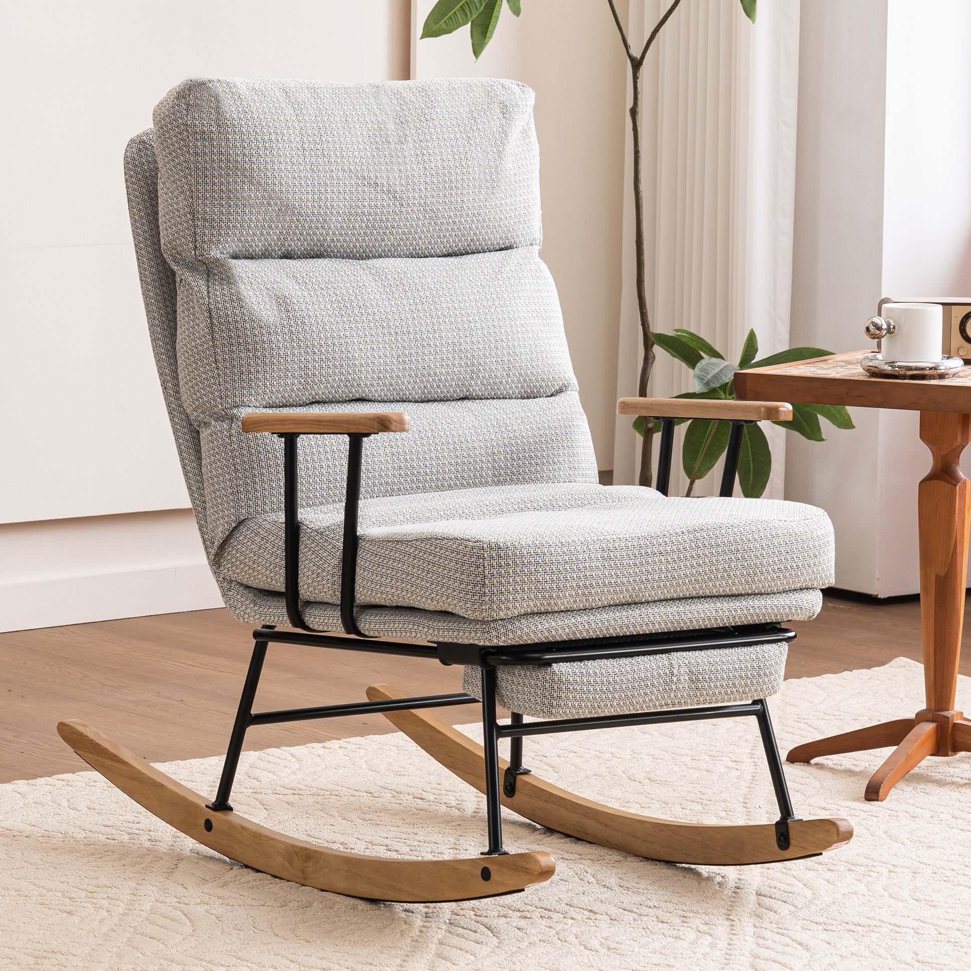 Modern Teddy Gliding Rocking Chair With High Back, Retractable Footrest, And Adjustable Back Angle For Nursery, Living Room, And Bedroom Grey Fabric