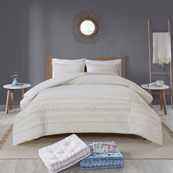 3 Piece Cotton Seersucker Duvet Cover Set King Ivory Cotton