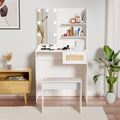 Vanity Desk Set Stool & Dressing Table With Led Lighting Mirror Drawer And Compartments Modern Wood Cosmetic Table Chest Of Drawers White Color Glossy White 1 Drawer Wood