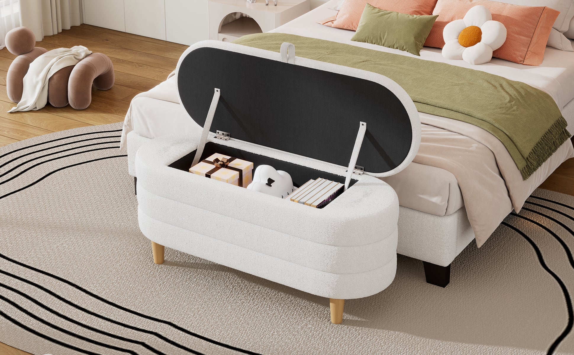 Elegant Upholstered Sherpa Fabric Storage Ottoman With Wood Legs, Storage Bench For Bedroom, Living Room, White White Wood