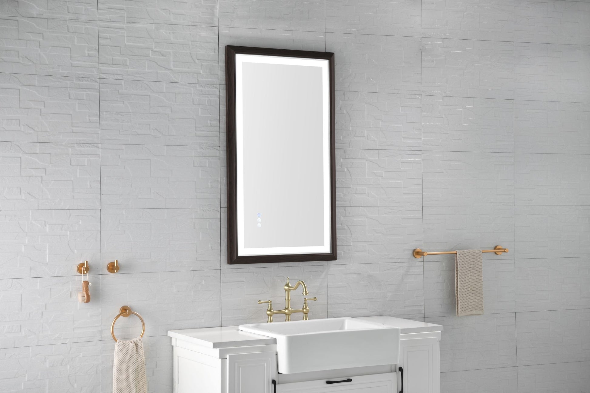 Bathroom Led Mirror Is Multi Functional And Each Function Is Controlled By A Smart Touch Button. Brown Aluminium