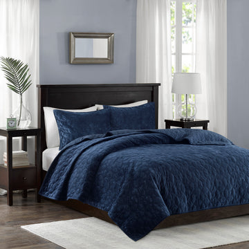 3 Piece Velvet Quilt Set Navy Full Queen Full Navy Cotton