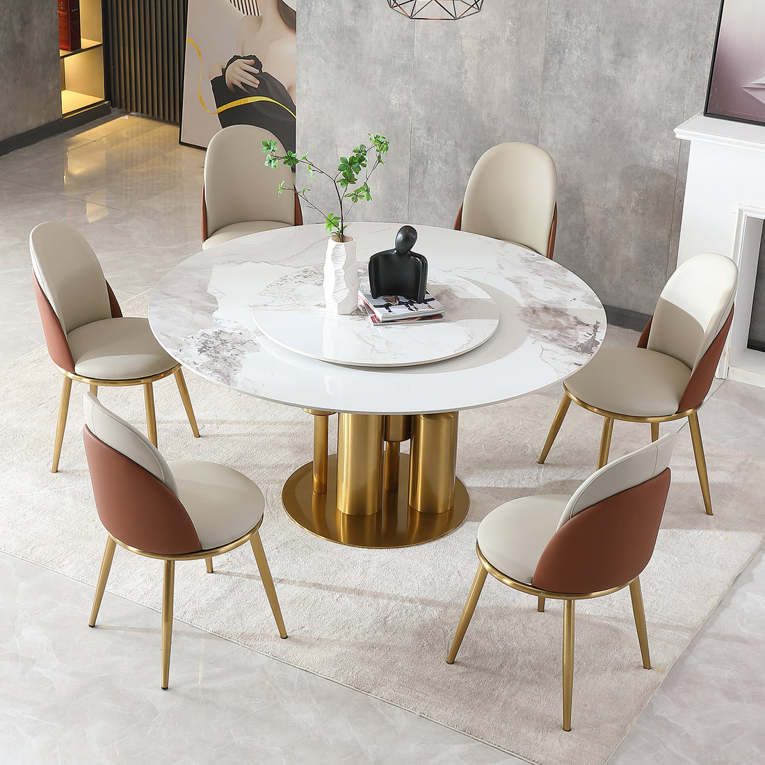 Modern Marble Dining Table, 59" Round Sintered Stone Table For Dining Room, Kitchen, Dinette, Compact Space With Lazy Susan 6 Chairs Gold,White Dining Room American Design,Luxury,Modern Tabeltop