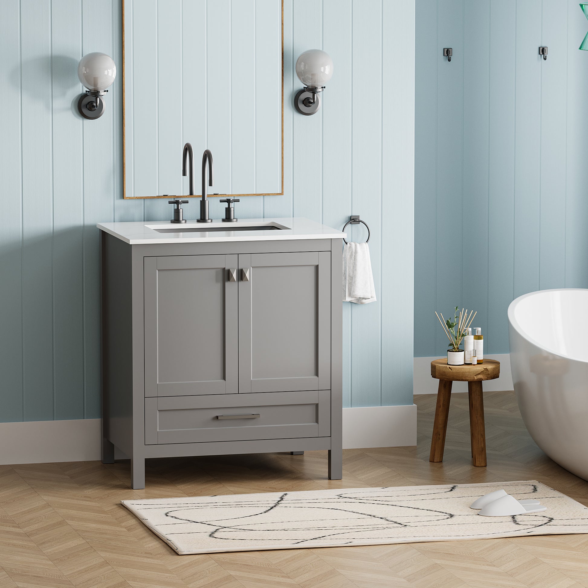 30 Inch Freestanding Bathroom Vanity With Sink, Carrara Engineered Marble Vanity Top With Undermounted Rectangular Ceramic Sink, Large Storage Soft Close Door, Grey 24V03 30Gr Grey Wood Solid Wood