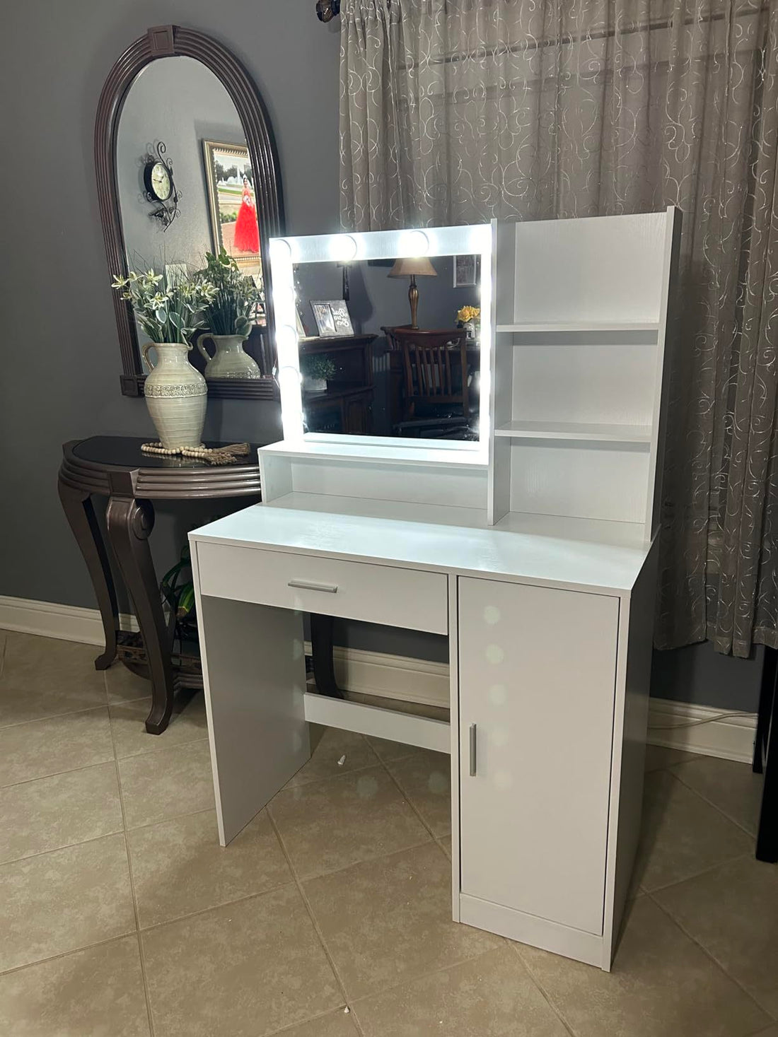 Vanity Desk With Mirror & Light, Large Drawer Three Level Storage Dresser, 3 Lighting Modes Adjustable Brightness, Bedroom Dressing Table White White Particle Board