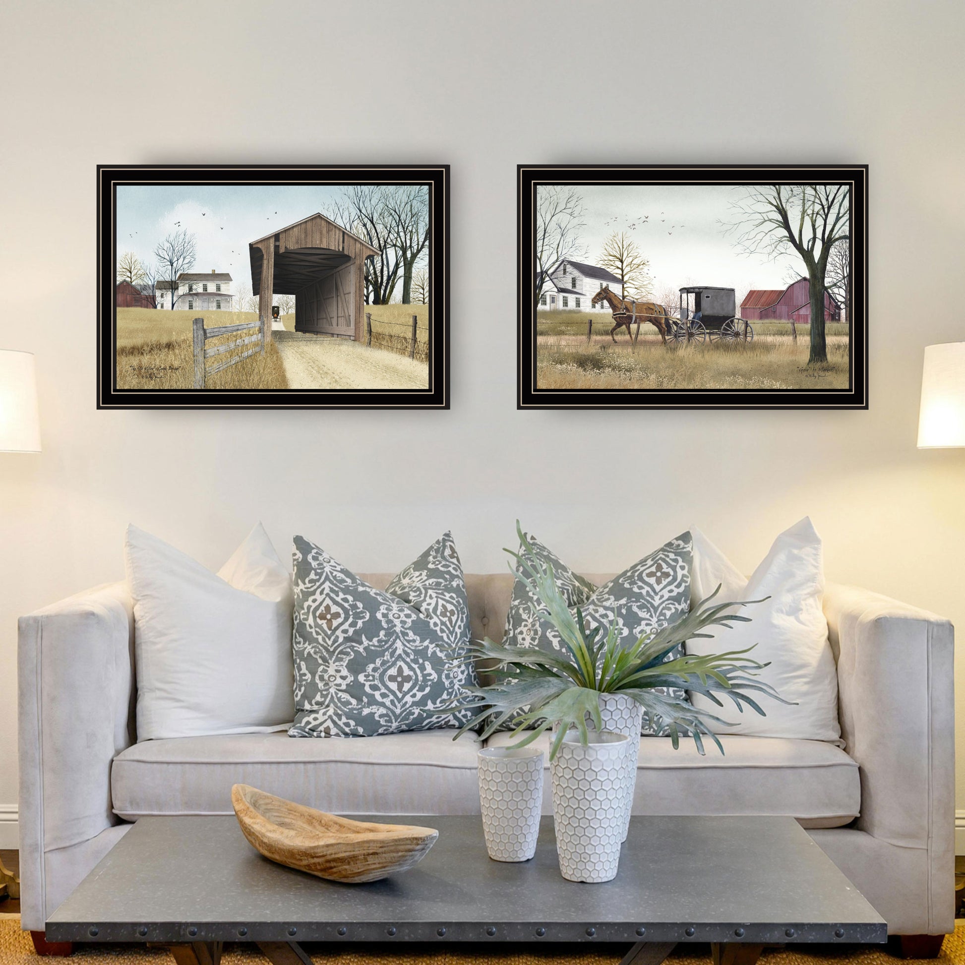 2 Piece Vignette Miller'S Creek Bridge, Going To Market Black Framed Wall Art For Living Room, Bedroom Wall Art Print For Home Decor By Billy Jacobs Multicolor Wood Paper