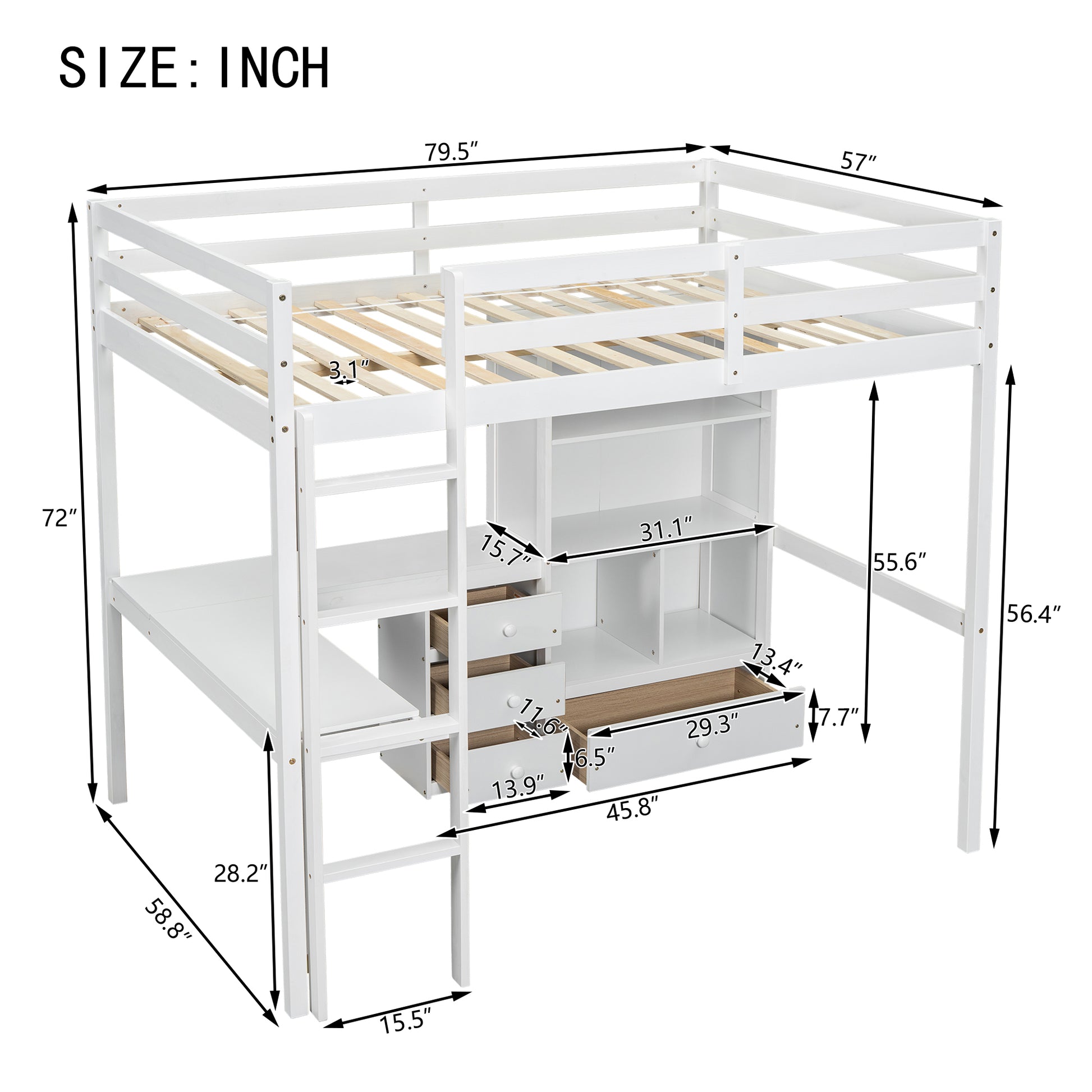 Full Size Loft Wood Bed With Desk, Storage Shelves And Drawers, Built In Ladder, High Loft Bed With Desk, Storage Shelves And Drawers,Guardrails,White Full White Pine