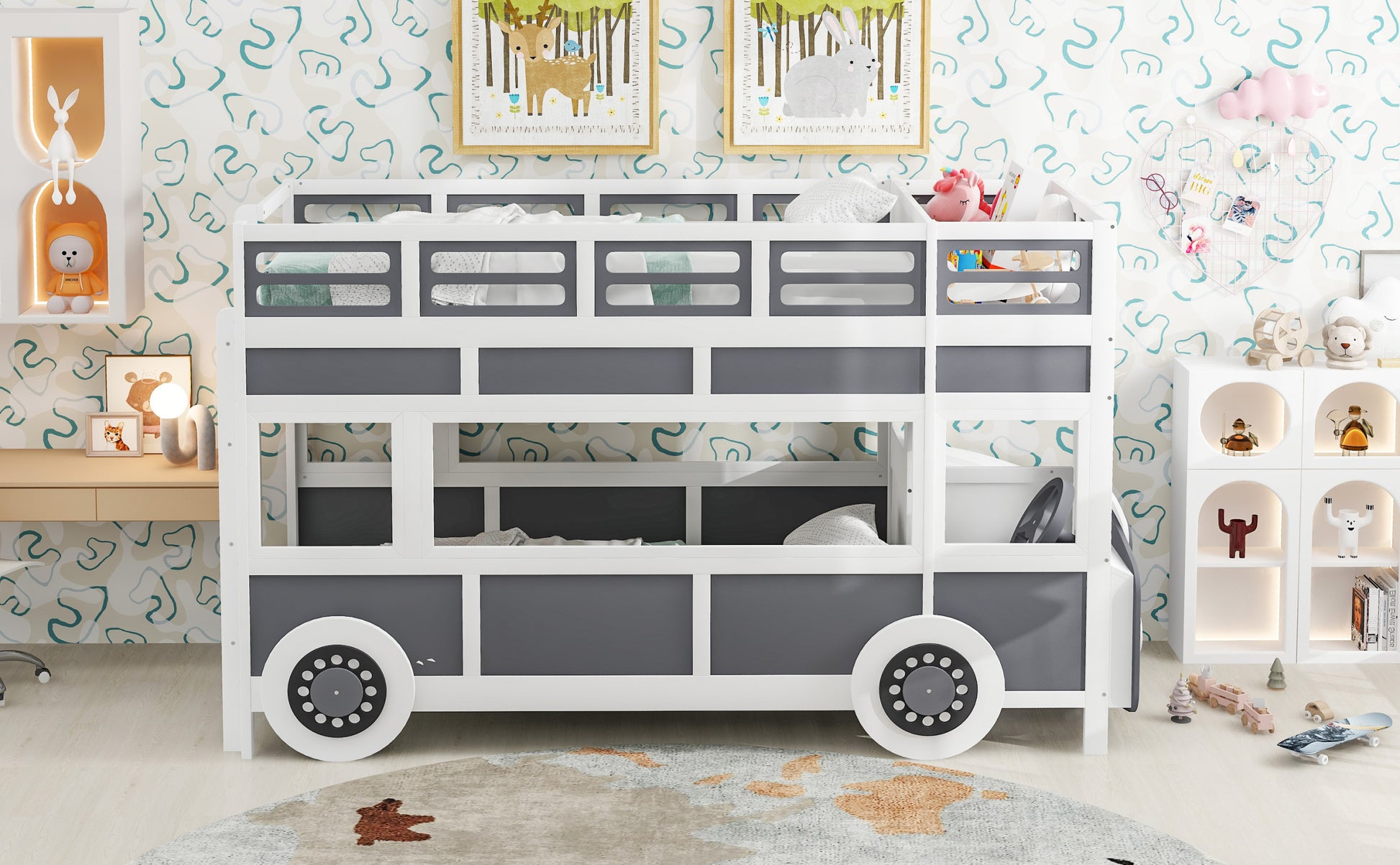 Twin Over Twin Bus Shaped Bunk Bed With Wheels And Storage, Gray White Box Spring Not Required Twin Grey White Wood Bedroom Solid Wood Mdf