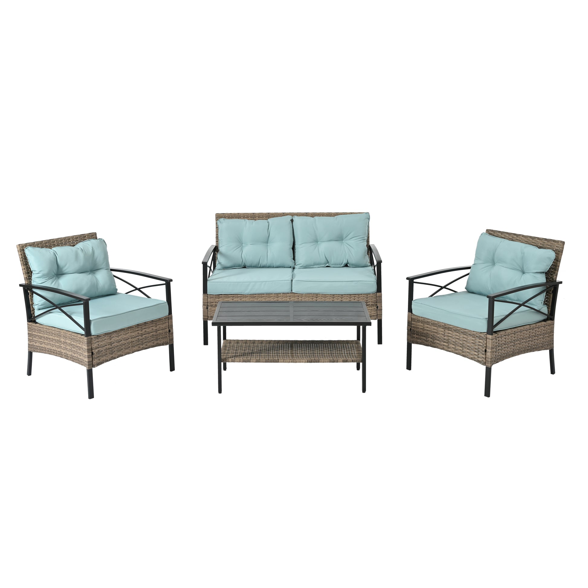 Patio Furniture, Outdoor Furniture, Seasonal Pe Wicker Furniture, Four Set Wicker Furniture With Black Metal Table Yes Brown Seats 4 Pe Rattan Iron Waterproof Fabric