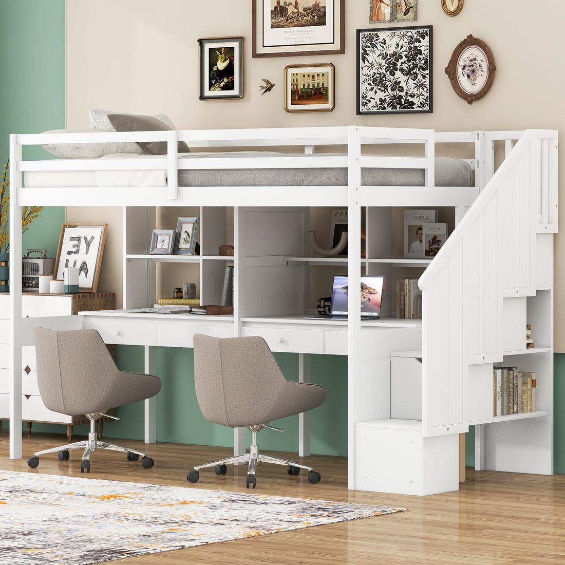 Twin Size Loft Bed Frame With Storage Staircase And Double Desks And Shelves,White Twin White Solid Wood Mdf