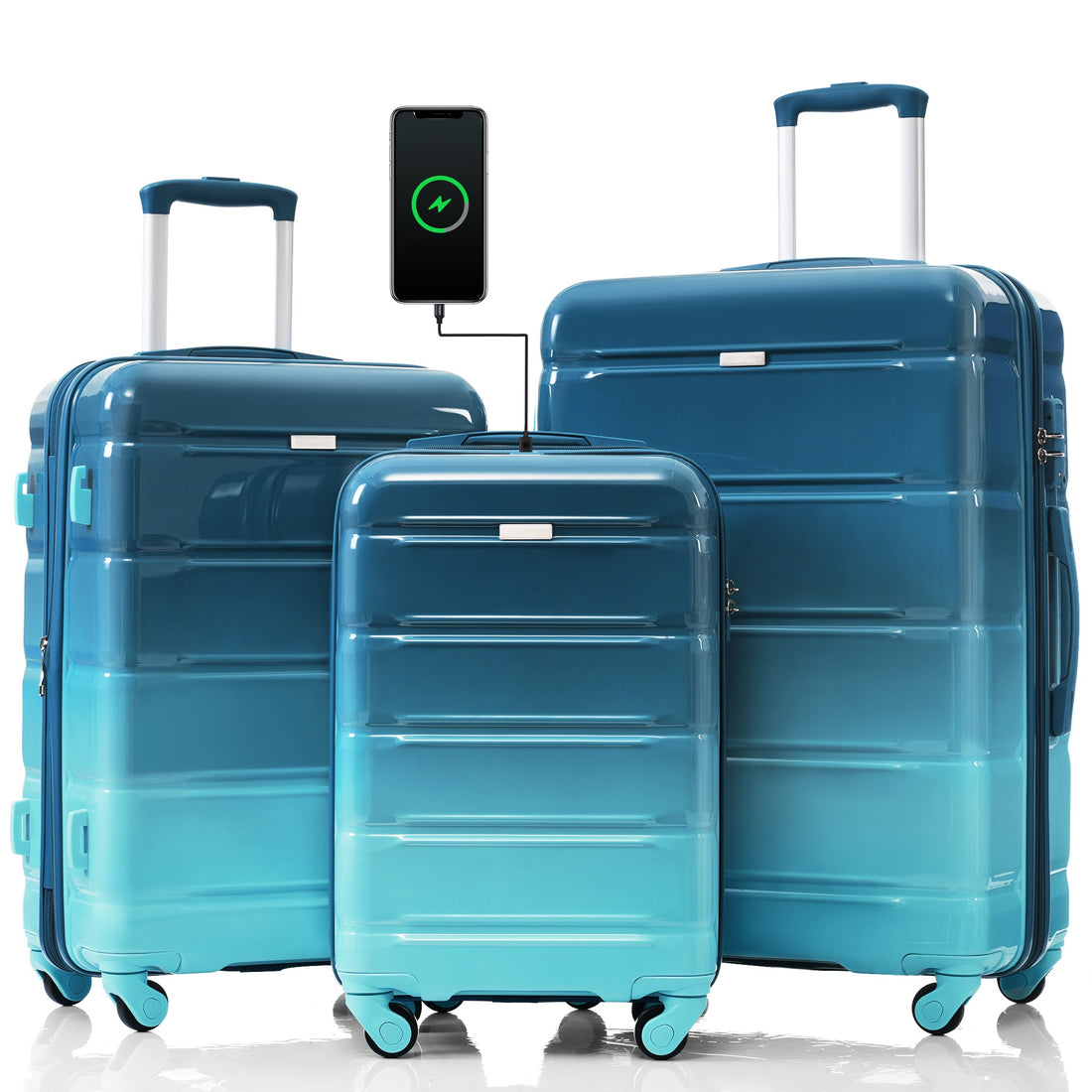 Luggage Set Of 3, 20 Inch With Usb Port, Airline Certified Carry On Luggage With Cup Holder, Abs Pc Hard Shell Luggage With Spinner Wheels, Blue Blue Abs Pc