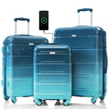 Luggage Set Of 3, 20 Inch With Usb Port, Airline Certified Carry On Luggage With Cup Holder, Abs Pc Hard Shell Luggage With Spinner Wheels, Blue Blue Abs Pc