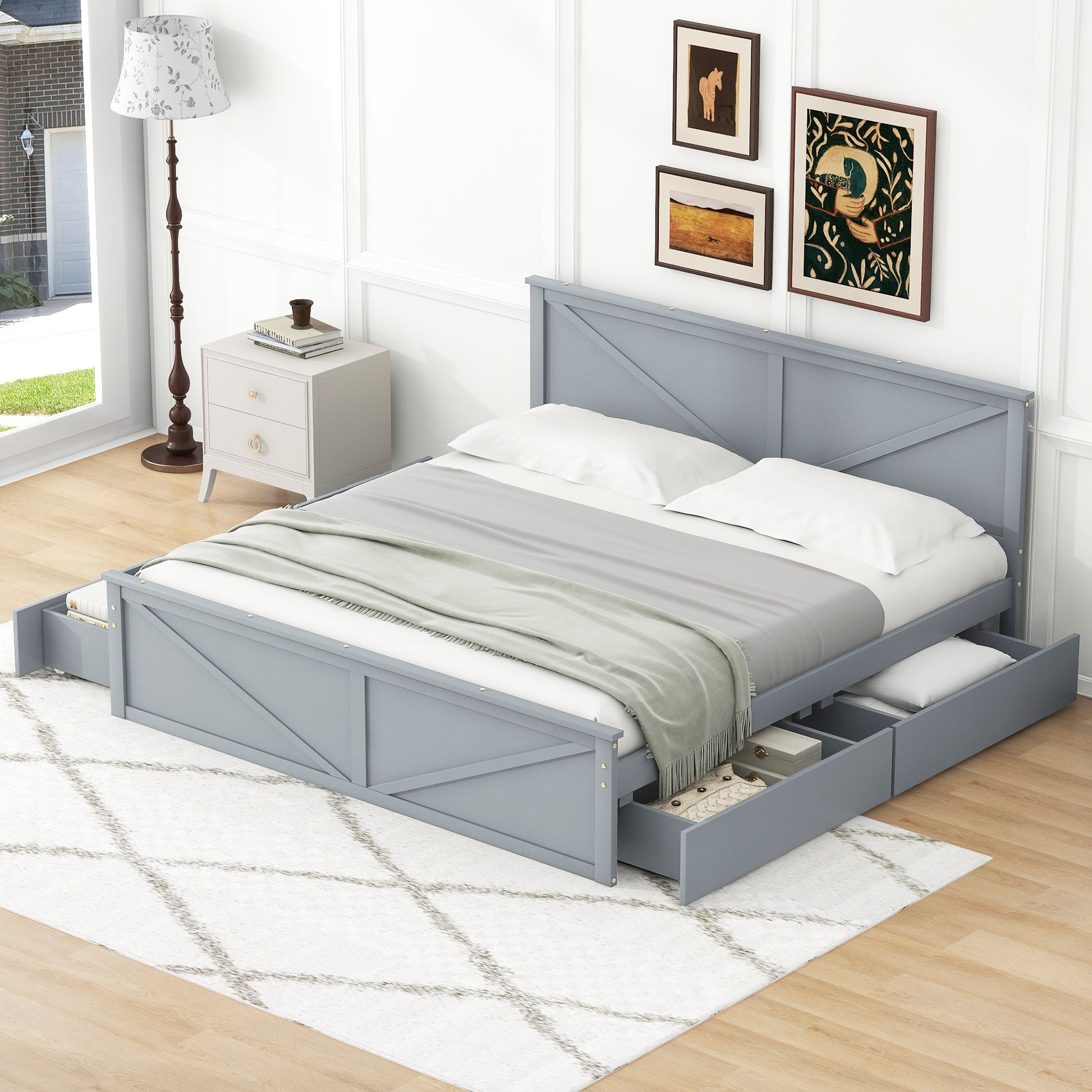 King Size Wooden Platform Bed With Four Storage Drawers And Support Legs, Gray King Gray Pine