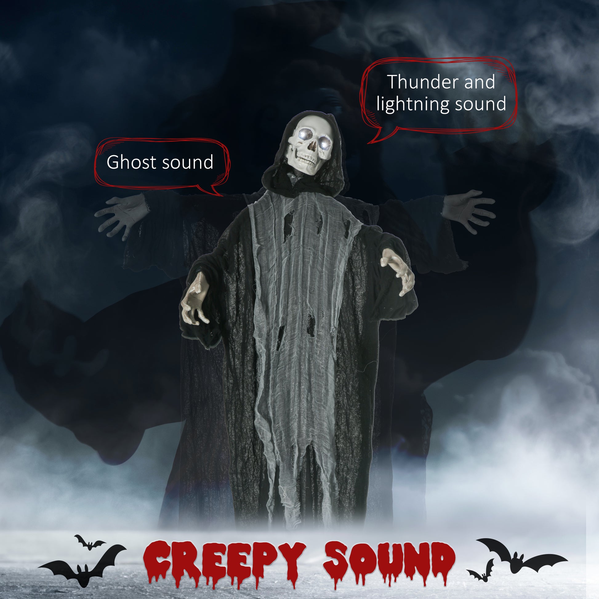 Outsunny 60" Life Size Outdoor Halloween Decorations Animated Grim Reaper With Sound And Motion Activated, Light Up Eyes And Rib Cage, Spooky Scream, Thunder And Lightning Sounds Black Fabric