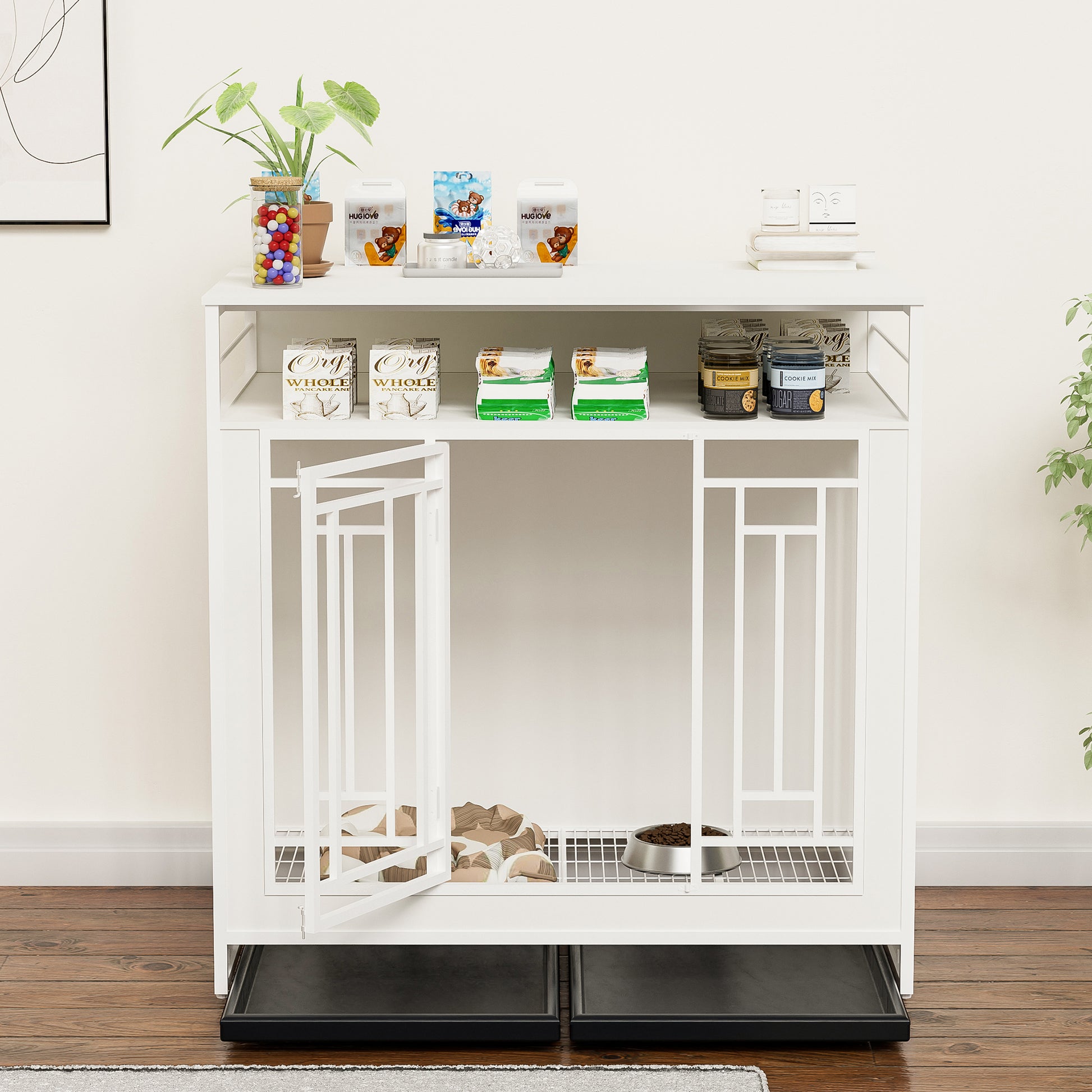 43.3 Inch Dog Crate Furniture For Large Dogs,Wooden Dog Crate With Divider,Double Door Dog Kennel With Three Drawers Storages,Heavy Duty Dogs Decorative Pet House For Large Medium Dogs ,White White