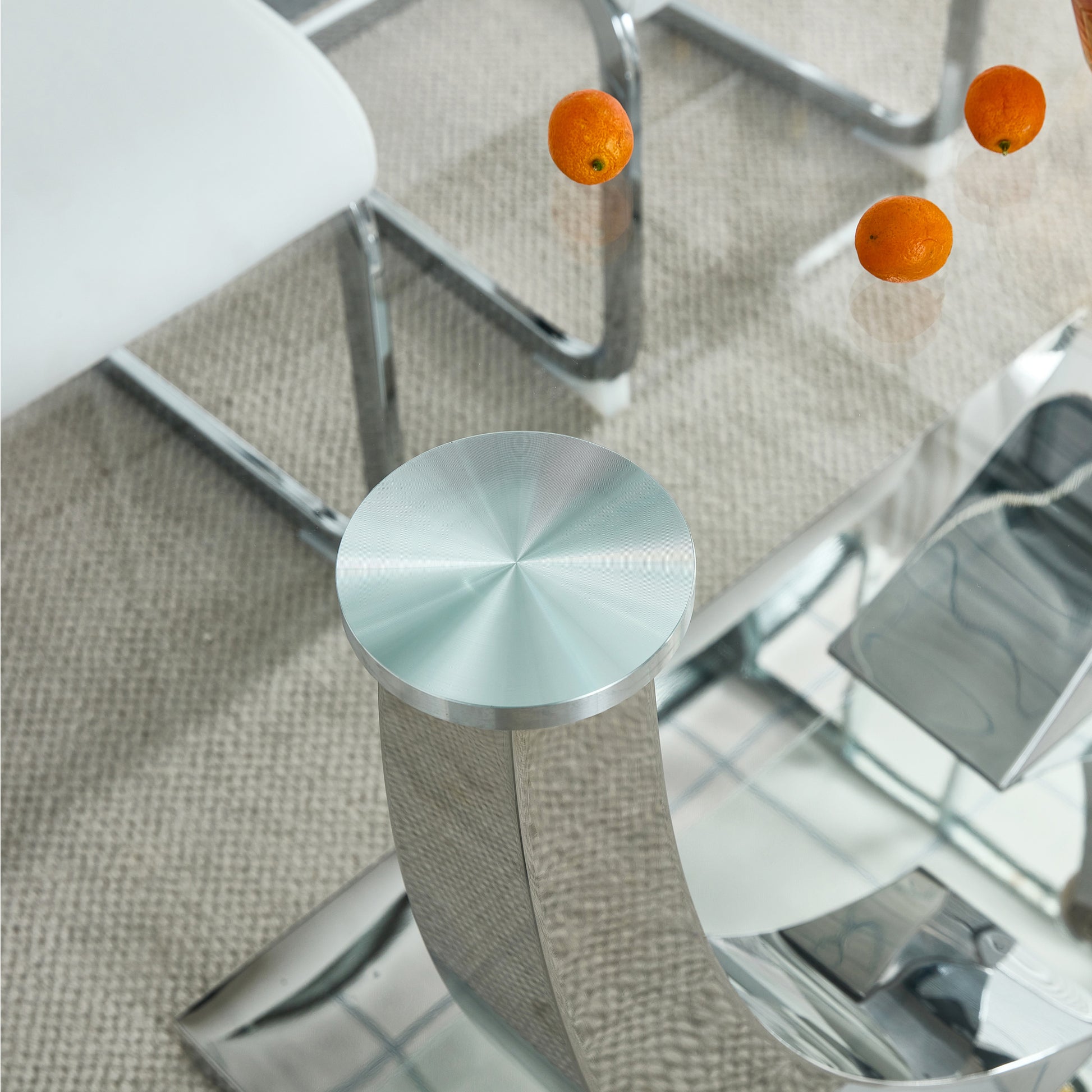 Table And Chair Set.Modern Dining Table,Tempered Glass Tabletop And Silver Colored Leg.Paired With 6 Soft And Comfortable High Quality White Pu Dining Chairs With Silver Legs. Silver,White Seats 6