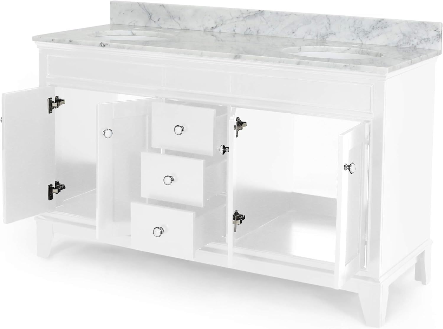 61'' Bathroom Vanity With Marble Top & Double Ceramic Sinks, 3 Drawers, 4 Doors, White White Plywood